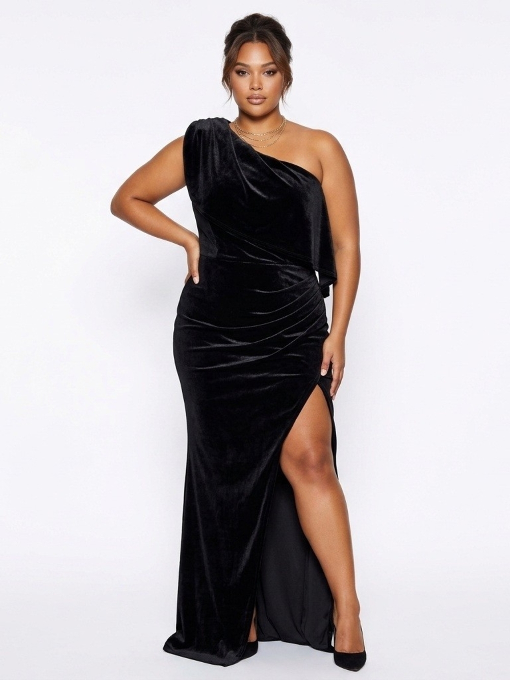 Black One-Shoulder Velvet Evening Gown